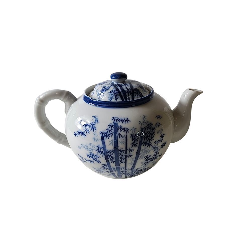 Japanese Porcelin Teapot with Lid White Cobalt Blue Bamboo Floral